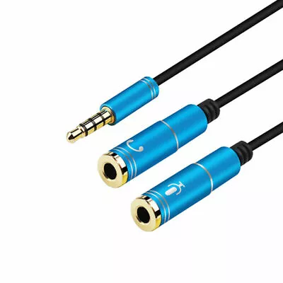 Blue 3.5mm Y Splitter 1 Jack Male To 2 Female Mic Headphone Audio Adapter Cable • £2.99