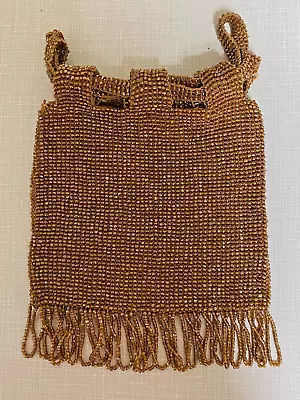 Vtg Antique Art Deco Amber Glass Seed Beaded Drawstring Mesh Like Purse Bag • $25