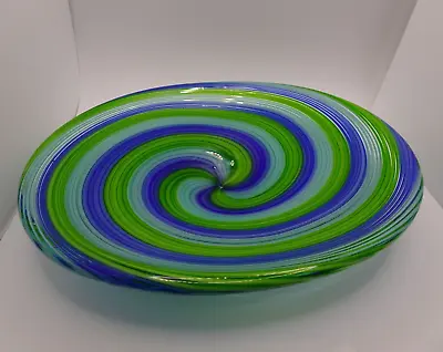 Vintage Murano Style Blue & Green Swirl Cane Art Glass Bowl • $76.50