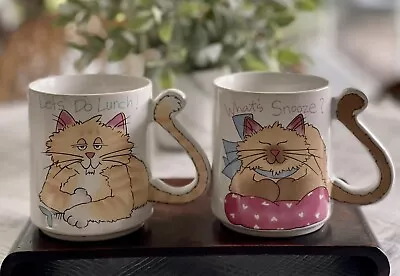 2 Vtg Cat Humor Mugs Mt. Clemens Pottery Cat Kitty. What’s Snooze &Lets Do Lunch • $6.80