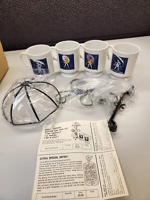 4 Vintage Morton Salt Umbrella Girl Coffee Mugs /Cups With Metal Umbrella Stand  • $45