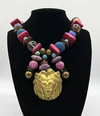 Vintage Statement Estate Necklace Gold Lion Bead Metal Mixed Chunky • $35