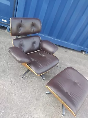 Eames Style Brown Leather Lounge Chair / Armchair & Ottoman With Walnut Wood • £485