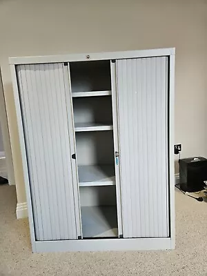 Tambour Metal Office Cabinet In Grey Lockable  With Key 3 Adjustable Shelves • £30