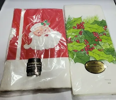 2 NOS VINTAGE CHRISTMAS SANTA CLAUS Holly  HALLMARK TABLECLOTH TABLE COVER  • $14.94