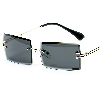 Vintage Gold Frame Black Tint Rimless Shades Retro Rectangular Mens Sunglasses • $11.99