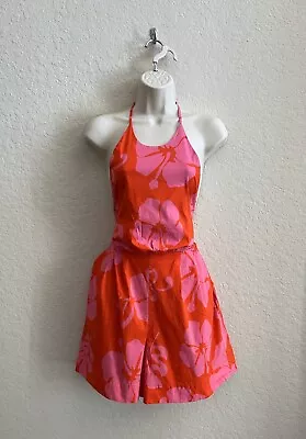 STAUD Hibiscus Floral Halter Top Shorts Romper Cover Up Pink Orange Women’s 4 • $88