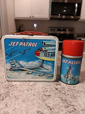 1957 Jet Patrol Lunch Box & Thermos * Vintage * Lunchbox Tin Kit Pail NICE Plane • $199.99