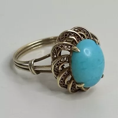 Vintage 14k Solid Yellow Gold Turquoise Cabochon Filigree Ring Size 5.5 Delicate • $499.99