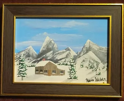 5x7 Inch Original Framed Acrylic Painting Cabin Snow Mountains • $8.75