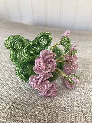 Vintage Beaded French Flowers Leaves Buds Pink Bouquet • $25