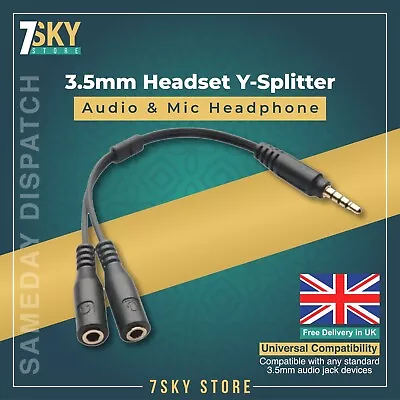 3.5mm Headset Adapter Y-Splitter Jack Cable Separate Audio And Mic Headphone • £2.99