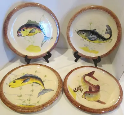 VTG ANTIQUE RARE FRENCH ART POTTERY FOUR DIFFERENT FISH PLATES 9.25  SET Of 4 • $79.99