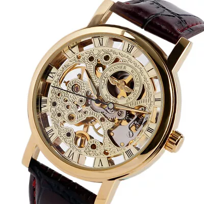 Winner Men's Mechanical Skeleton Watch Steampunk Design Roman Numeral Gold Case • $19.25