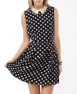 Navy Cream Beige Collared Polka Dot Pin Up Retro Fit And Flare Skater Dress M • £48.18