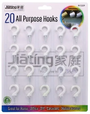 WHITE HOOKS PACK Cup SCREW IN Plastic Coated SHOULDERED Kitchen Mug Ceiling Peg • £3.59