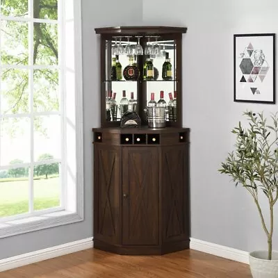 Mini Bar Corner Liquor Cabinet Wine Storage Stemware Rack Mahogany Finish New • $498.88