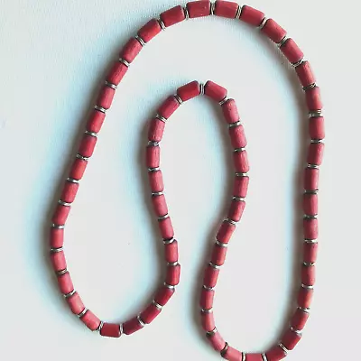 Aarikka Finland Necklace With Red Wood Beads And Silver Tone Metal Parts • $22