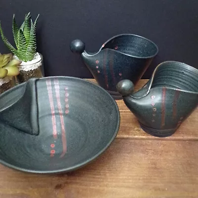 £16 • Buy Signed Studio Pottery Cups Bowl Handmade Unusual Green Red Used Matte Glazed