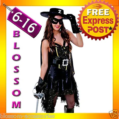 I22 Zorro Woman Costume Masked Movie Hero Fancy Dress Mexican Party Outfit • $29.98