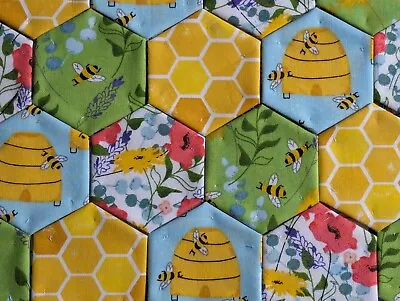 40 X Fabric Hexagons Bumble Bee Hive Sewn To Paper  Template EPP Patchwork Set B • £10.99