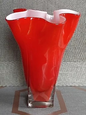 Vintage Murano Style Ruby Glass Frill Rim Handkerchief Vase-1960s • £20