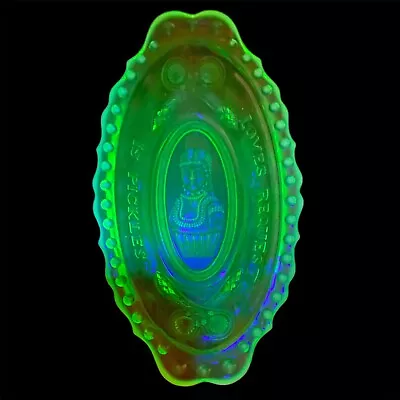 Imperial Glass Vaseline Opalescent Loves Request Is Pickles Kate Claxton Dish • $59.99