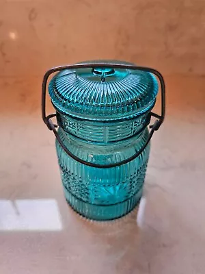 Turquoise Avon Jar Vintage Cut Glass Canister With Metal Hinged Lid • $25