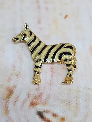 Vintage Enamel Cream & Black Striped Zebra Brooch Gold Tone • $5.99