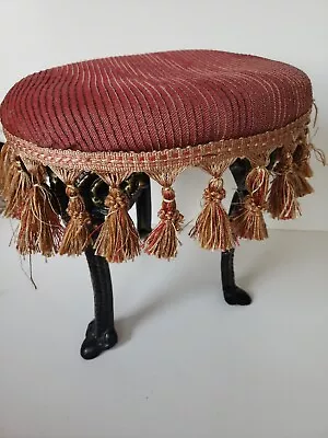 Antique Cast Iron Foot Stool Small Tuffet Upholstered Fringed Tassel Red Round • $65