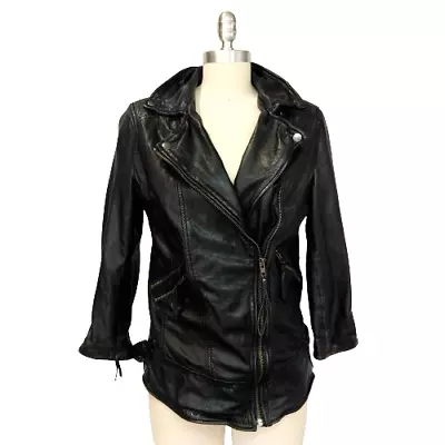 MuuBaa Women's Black Leather Jacket Size 6 Biker Lamb Black Full Zip Moto • $104.99