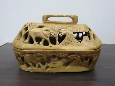 Vintage Ethnic Hand-Carved Wooden Bowl With Lid African Wild Animal Design • £19.99