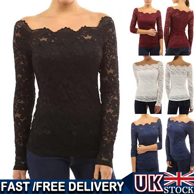 Womens Sexy OFF-Shoulder Lace Long Sleeve Shirt Ladies Slim Fit Blouse Tops Tee • £10.90