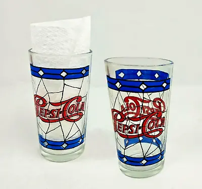 Vintage Pepsi Cola Tiffany Style Glasses Raised Stained Glass Set Of 2 1970's  • $17.99