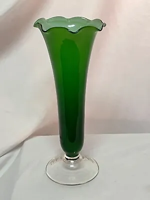 Antique Murano Trumpet Vase Green Glass White Interior Milk Footed Tulip  • $25