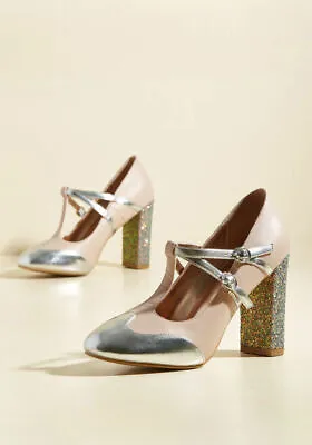 NWOB Modcloth  Strut In The World T-Strap Heel In Blush  Pink Glitter US 9  • $75.99