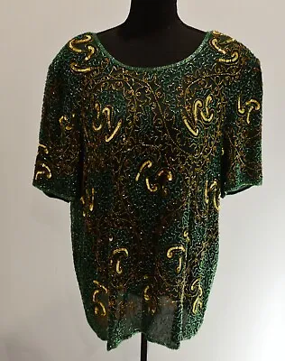 Malcolm Starr NWT Green Short Sleeve Blouse XL Beaded 100% Silk 80's Style • $70