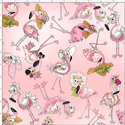 Loralie Flamingo Fancy Fabric RETIRED Wearing Hats Flowers Toss Pink Cotton Yard • $16.50