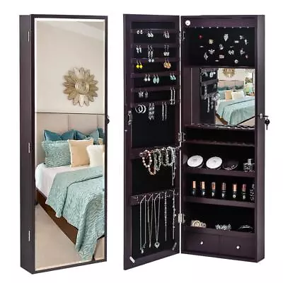 Wall Door Mounted Full-length Mirror Jewelry Cabinet Armoire Holder LED W/Lock • $74.99