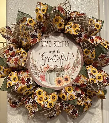 Farmhouse LIVE SIMPLY & BE GRATEFUL  🎃 Burlap DECO MESH WREATH Fall 24 X 24 • $64.95