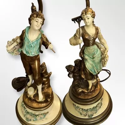 Set Of Vintage L & F Moreau Hand Painted Spelter Boy & Girl Table Lamps & Shades • $599.99