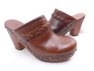 UGG 3206 Kaylee Brown Leather Studded Braided Strap Mule Clogs Size 7 Euro 38 • $40.95