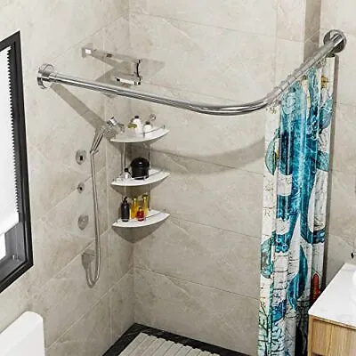 Stretchable 304 Stainless L Shaped Bathroom Bathtub Corner Shower Curtain Rod • $66.62