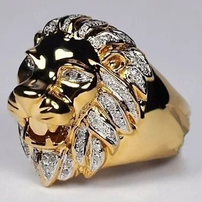 Men's Lion Head Pinky Ring 2Ct Round Lab Created Diamond 14K Yellow Gold Plated • $161.19