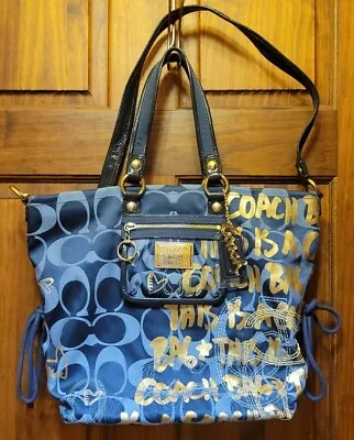 Coach Poppy Rare Appliqué Graffiti Script Spotlight Tote Bag 14542 Blue & Gold • $300