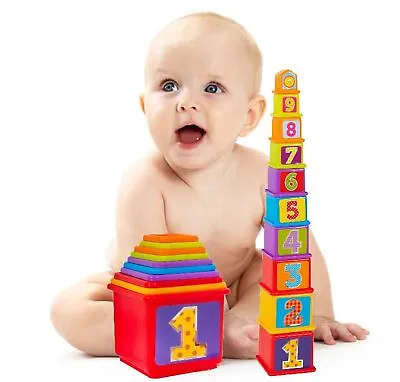 10 Baby Stacking Cups Bright Stacker Blocks Tower Sensory Development Toy 6m+ • £7.95
