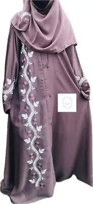 New Embroidered Saudi Abaya Hijab Dubai Flared Maxi Dress 54 Open Close & Scarf • £34.99