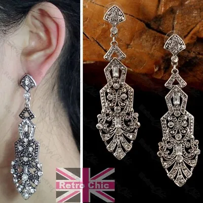 CRYSTAL Antique Style LARGE CHANDELIER EARRINGS Vintage Silver Tone RETRO CHIC • £4.99