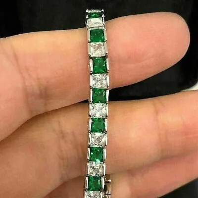 Princess Lab-Created Emerald Diamond Men's Tennis Bracelet 14K White Gold Plated • $210.69