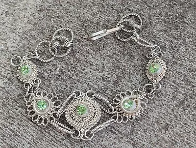 VTG Sterling Silver ETRUSCAN Cannetille Green Crystal Filigree 8  Bracelet EF • $19.99